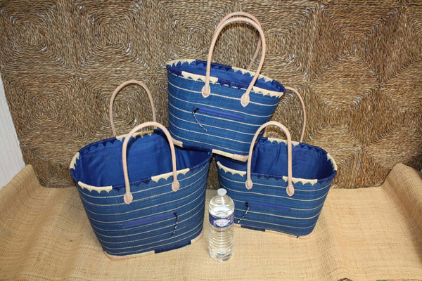 Panier Bleu & Naturel - Doublure tressée Rabane + Poche extérieure - Sac Cabas Anses Longues - 3 TAILLES - Marchés, courses, plage...