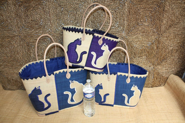 Panier BLEU brodé CHAT - Sac Anses Longues - Cabas marchés, courses, plage - 3 TAILLES -