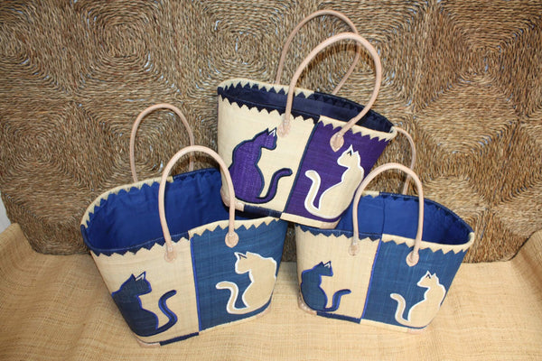 Panier BLEU brodé CHAT - Sac Anses Longues - Cabas marchés, courses, plage - 3 TAILLES -