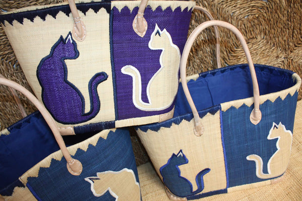 Panier BLEU brodé CHAT - Sac Anses Longues - Cabas marchés, courses, plage - 3 TAILLES -