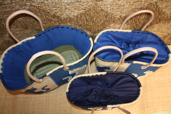 Panier BLEU brodé CHAT - Sac Anses Longues - Cabas marchés, courses, plage - 3 TAILLES -