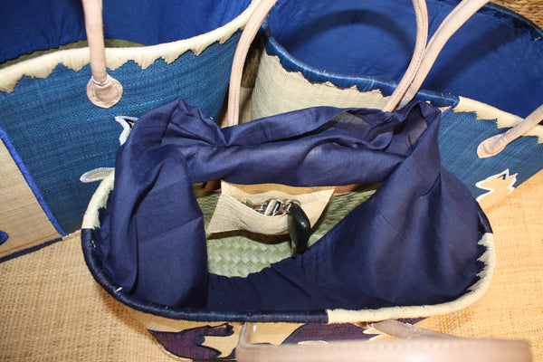 Panier BLEU brodé CHAT - Sac Anses Longues - Cabas marchés, courses, plage - 3 TAILLES -