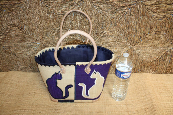 Panier BLEU brodé CHAT - Sac Anses Longues - Cabas marchés, courses, plage - 3 TAILLES -