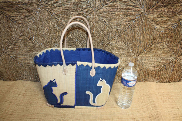 Panier BLEU brodé CHAT - Sac Anses Longues - Cabas marchés, courses, plage - 3 TAILLES -