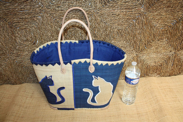 Panier BLEU brodé CHAT - Sac Anses Longues - Cabas marchés, courses, plage - 3 TAILLES -