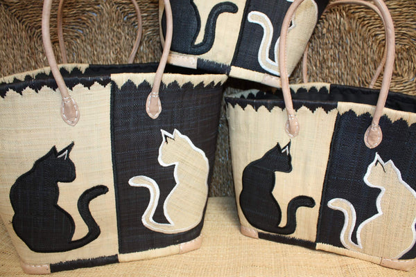 Panier NOIR brodé motif CHAT - Sac Anses Longues - Cabas marchés, courses, plage - 3 TAILLES -
