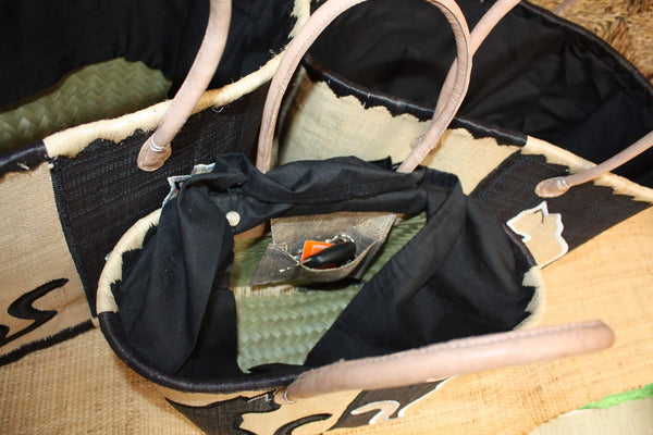 Panier NOIR brodé motif CHAT - Sac Anses Longues - Cabas marchés, courses, plage - 3 TAILLES -