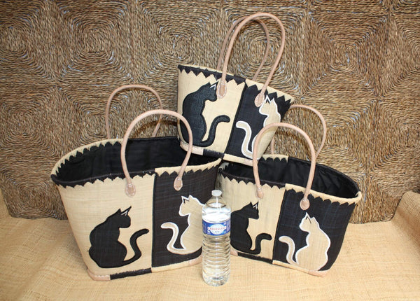 Panier NOIR brodé motif CHAT - Sac Anses Longues - Cabas marchés, courses, plage - 3 TAILLES -