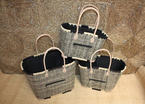 Panier Noir & Naturel - Doublure Rabane + Pochette extérieure - Sac Cabas Anses Longues - 3 TAILLES - Marchés, courses, plage...