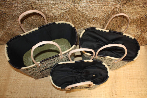 Panier Noir & Naturel - Doublure Rabane + Pochette extérieure - Sac Cabas Anses Longues - 3 TAILLES - Marchés, courses, plage...