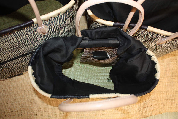 Panier Noir & Naturel - Doublure Rabane + Pochette extérieure - Sac Cabas Anses Longues - 3 TAILLES - Marchés, courses, plage...