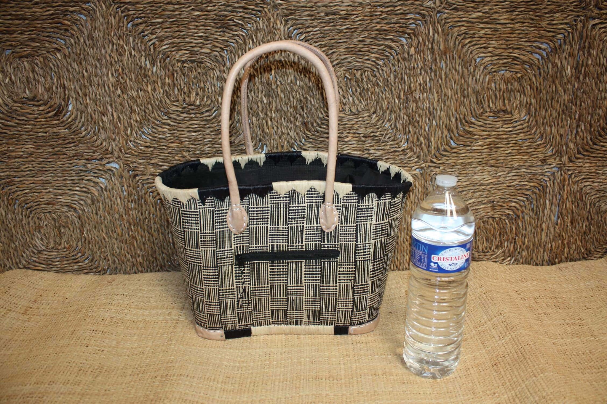 Panier Noir & Naturel - Doublure Rabane + Pochette extérieure - Sac Cabas Anses Longues - 3 TAILLES - Marchés, courses, plage...