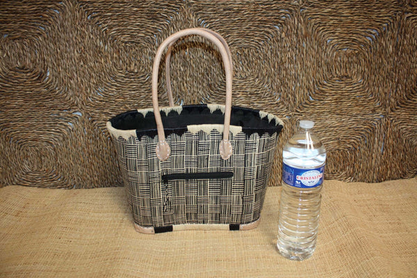 Panier Noir & Naturel - Doublure Rabane + Pochette extérieure - Sac Cabas Anses Longues - 3 TAILLES - Marchés, courses, plage...