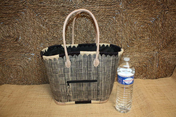 Panier Noir & Naturel - Doublure Rabane + Pochette extérieure - Sac Cabas Anses Longues - 3 TAILLES - Marchés, courses, plage...