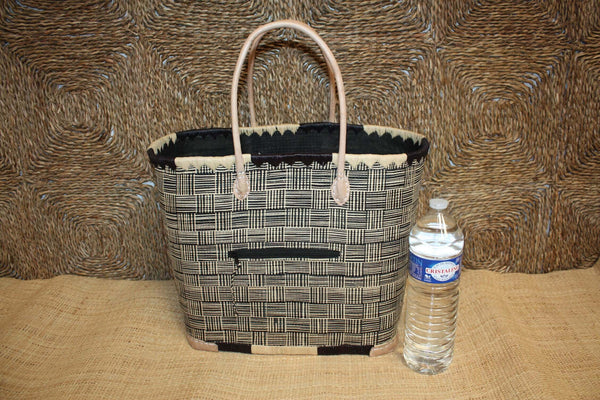 Panier Noir & Naturel - Doublure Rabane + Pochette extérieure - Sac Cabas Anses Longues - 3 TAILLES - Marchés, courses, plage...