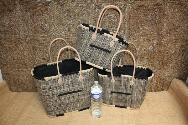 Panier Noir & Naturel - Doublure Rabane + Pochette extérieure - Sac Cabas Anses Longues - 3 TAILLES - Marchés, courses, plage...