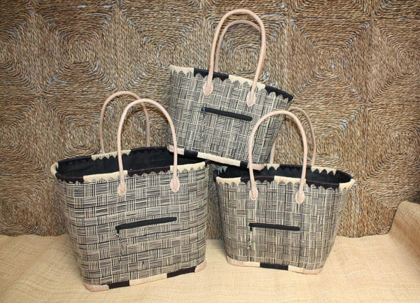 Panier Noir & Naturel - Doublure Rabane + Pochette extérieure - Sac Cabas Anses Longues - 3 TAILLES - Marchés, courses, plage...
