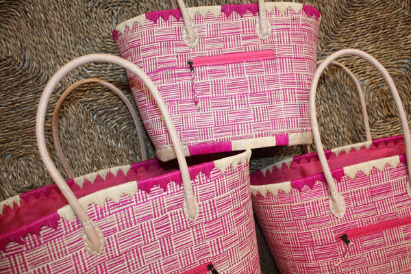 Panier Rose & Naturel tressé - Doublé Rabane + Poche zippée - Sac Cabas Anses Longues Marchés, courses, plage - 3 TAILLES -