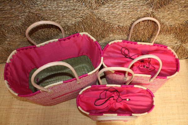 Panier Rose & Naturel tressé - Doublé Rabane + Poche zippée - Sac Cabas Anses Longues Marchés, courses, plage - 3 TAILLES -