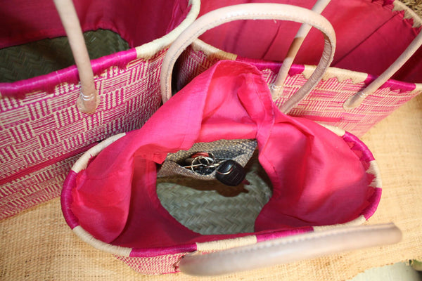 Panier Rose & Naturel tressé - Doublé Rabane + Poche zippée - Sac Cabas Anses Longues Marchés, courses, plage - 3 TAILLES -