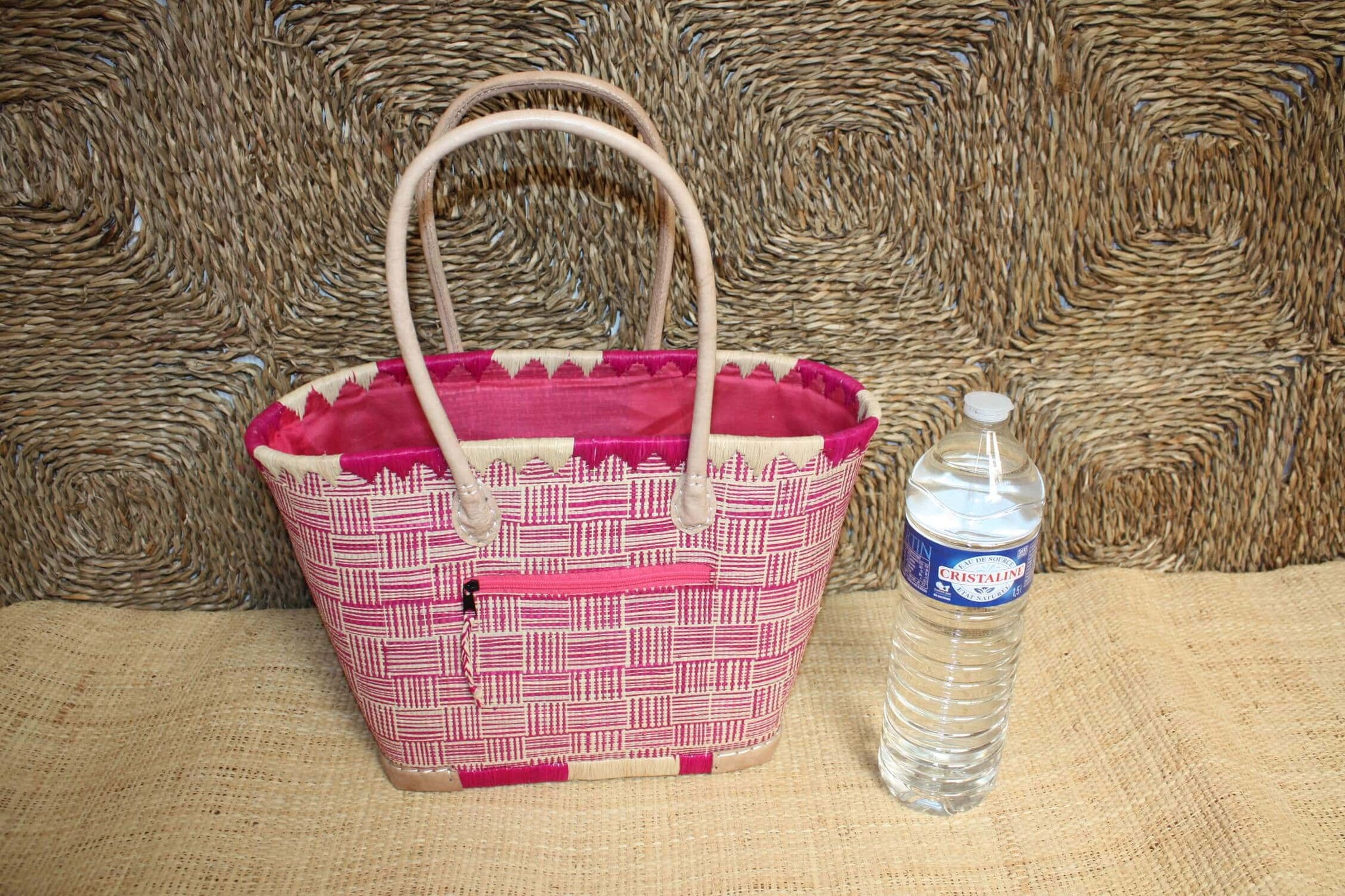 Panier Rose & Naturel tressé - Doublé Rabane + Poche zippée - Sac Cabas Anses Longues Marchés, courses, plage - 3 TAILLES -