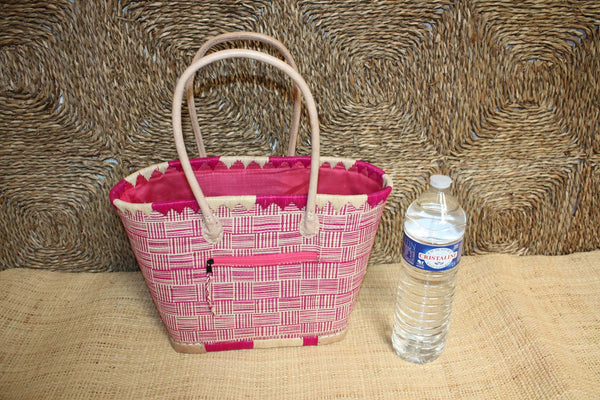 Panier Rose & Naturel tressé - Doublé Rabane + Poche zippée - Sac Cabas Anses Longues Marchés, courses, plage - 3 TAILLES -