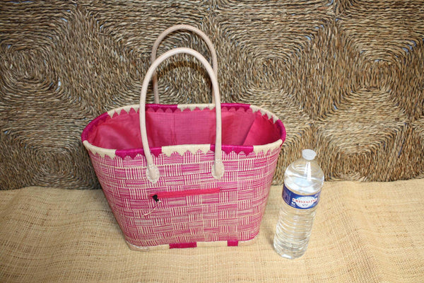 Panier Rose & Naturel tressé - Doublé Rabane + Poche zippée - Sac Cabas Anses Longues Marchés, courses, plage - 3 TAILLES -