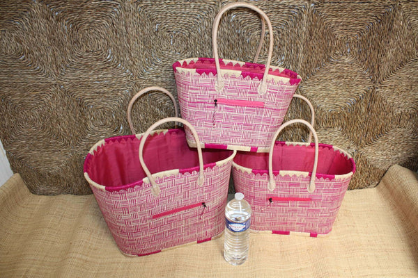 Panier Rose & Naturel tressé - Doublé Rabane + Poche zippée - Sac Cabas Anses Longues Marchés, courses, plage - 3 TAILLES -