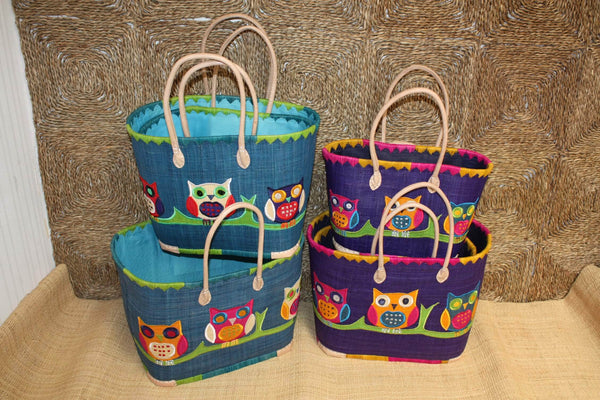 Panier brodé HIBOU CHOUETTE Bleu - Sac Anses Longues - 3 TAILLES - Cabas Marchés, courses, plage...