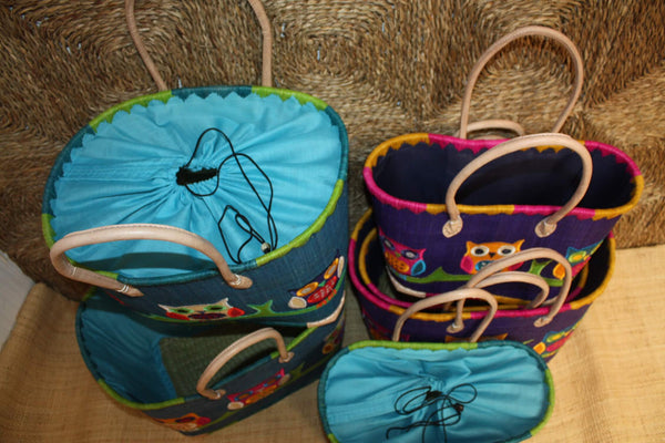 Panier brodé HIBOU CHOUETTE Bleu - Sac Anses Longues - 3 TAILLES - Cabas Marchés, courses, plage...