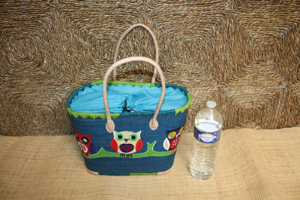 Panier brodé HIBOU CHOUETTE Bleu - Sac Anses Longues - 3 TAILLES - Cabas Marchés, courses, plage...