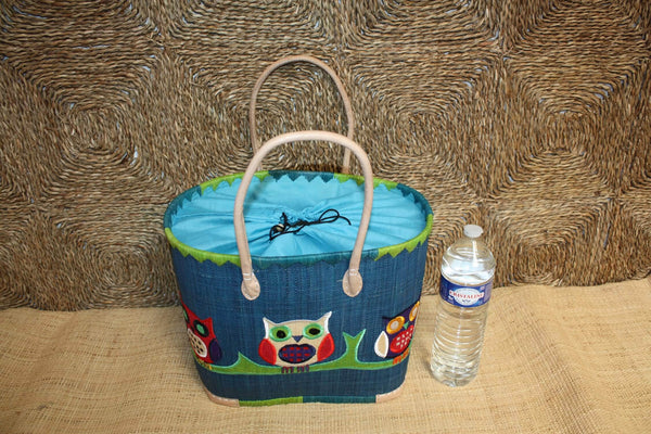 Panier brodé HIBOU CHOUETTE Bleu - Sac Anses Longues - 3 TAILLES - Cabas Marchés, courses, plage...
