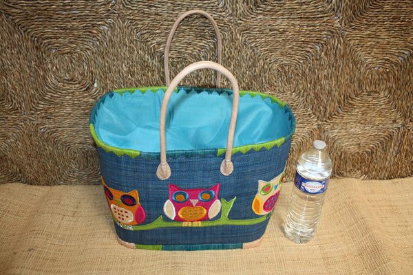 Panier brodé HIBOU CHOUETTE Bleu - Sac Anses Longues - 3 TAILLES - Cabas Marchés, courses, plage...