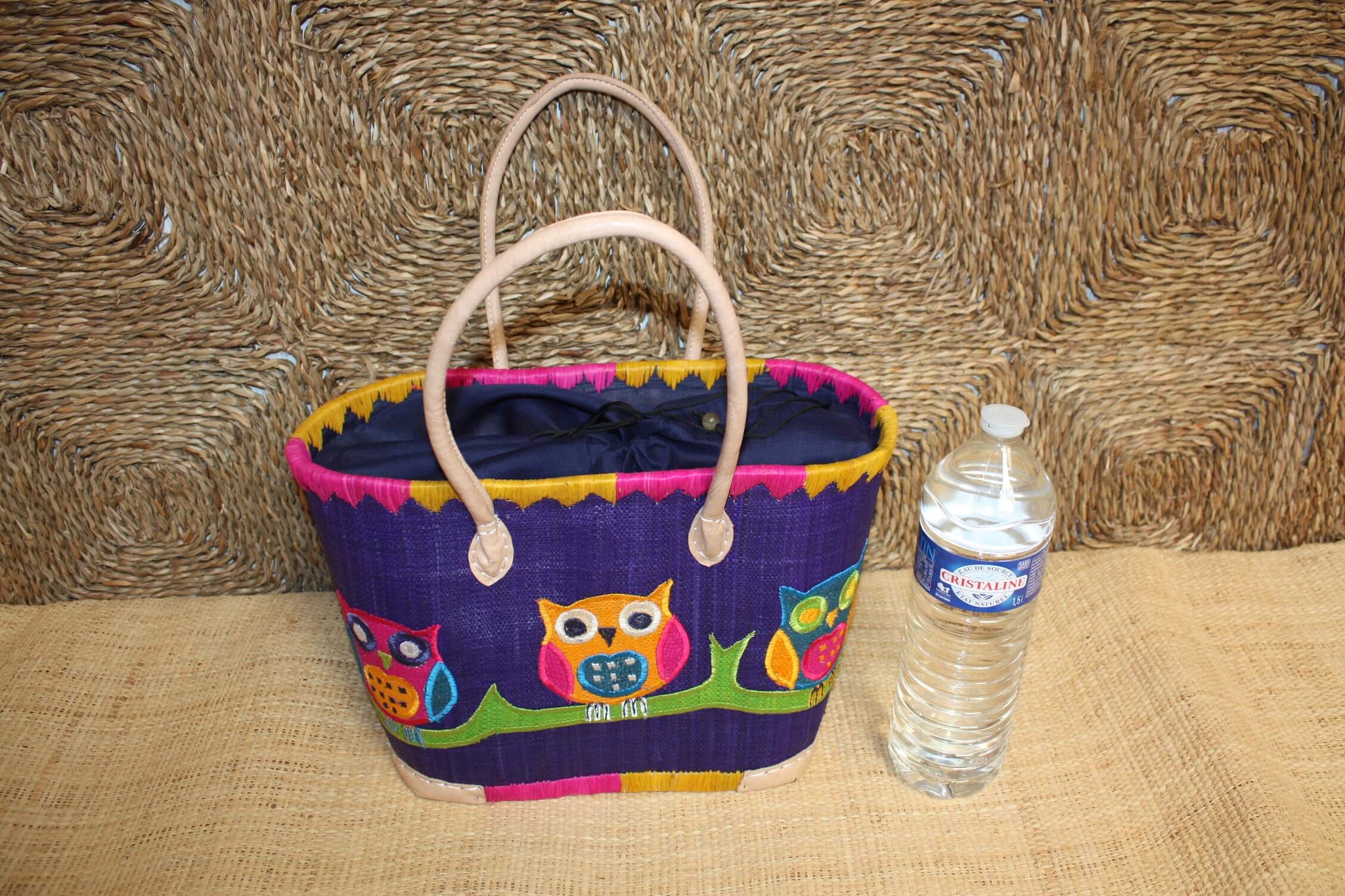 Panier brodé HIBOU CHOUETTE Bleu - Sac Anses Longues - 3 TAILLES - Cabas Marchés, courses, plage...