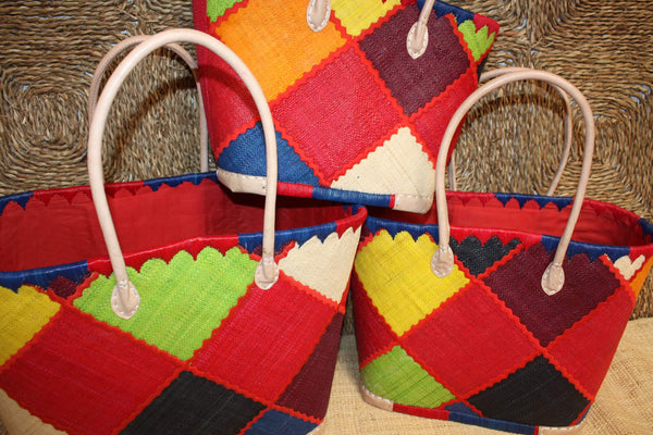 Panier brodé PATCHWORK Rabane - Cabas Sac courses Anses Longues - 3 TAILLES - Marchés, courses, plage...