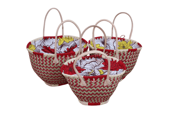 Panier en paille tressée avec pochon wax – Cabas marché, sac plage artisanal – Madagascar – 3 tailles