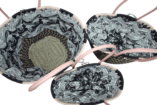 Panier en paille tressée avec pochon wax – Cabas marché, sac plage artisanal – Madagascar – 3 tailles