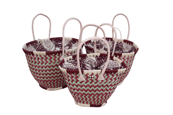 Panier en paille tressée avec pochon wax – Cabas marché, sac plage artisanal – Madagascar – 3 tailles