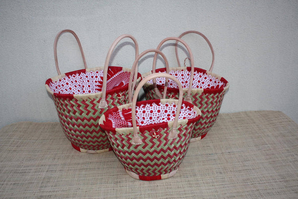 Panier Rond Wax Africain Rouge & Naturel – Sac Cabas Bohème en Fibres Naturelles – Panier Marché Plage Anses Cuir – Fait Main Madagascar