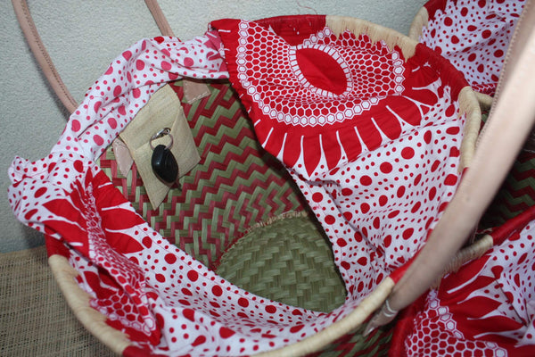 Panier Rond Wax Africain Rouge & Naturel – Sac Cabas Bohème en Fibres Naturelles – Panier Marché Plage Anses Cuir – Fait Main Madagascar