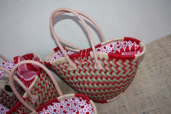 Panier Rond Wax Africain Rouge & Naturel – Sac Cabas Bohème en Fibres Naturelles – Panier Marché Plage Anses Cuir – Fait Main Madagascar
