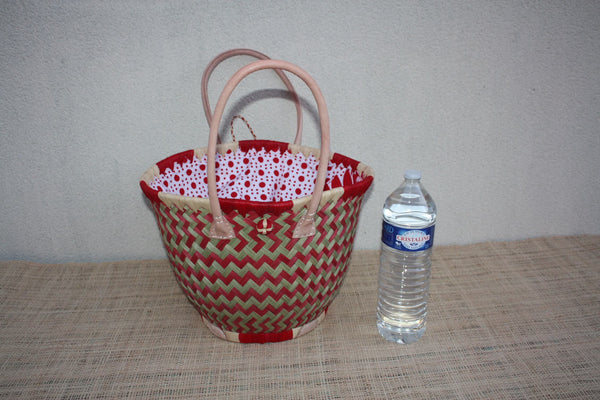 Panier Rond Wax Africain Rouge & Naturel – Sac Cabas Bohème en Fibres Naturelles – Panier Marché Plage Anses Cuir – Fait Main Madagascar