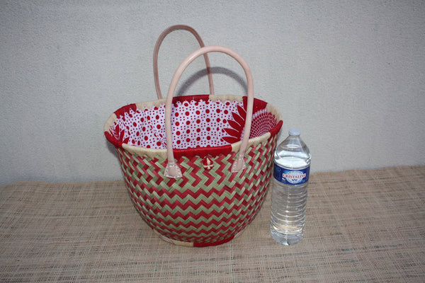 Panier Rond Wax Africain Rouge & Naturel – Sac Cabas Bohème en Fibres Naturelles – Panier Marché Plage Anses Cuir – Fait Main Madagascar