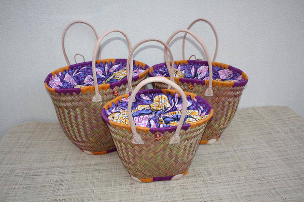 Panier Rond Wax Africain Orange & Violet – Sac Cabas Bohème en Fibres Naturelles – Panier Marché Plage Anses Cuir – Fait Main Madagascar