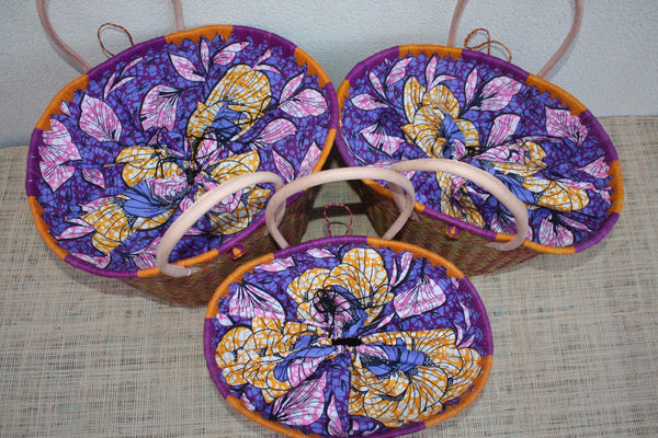 Panier Rond Wax Africain Orange & Violet – Sac Cabas Bohème en Fibres Naturelles – Panier Marché Plage Anses Cuir – Fait Main Madagascar