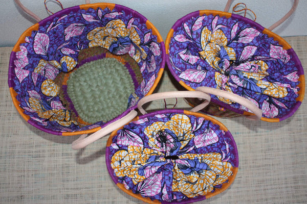 Panier Rond Wax Africain Orange & Violet – Sac Cabas Bohème en Fibres Naturelles – Panier Marché Plage Anses Cuir – Fait Main Madagascar
