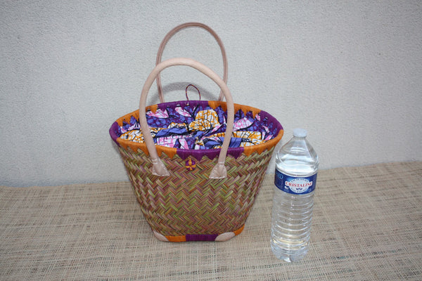 Panier Rond Wax Africain Orange & Violet – Sac Cabas Bohème en Fibres Naturelles – Panier Marché Plage Anses Cuir – Fait Main Madagascar