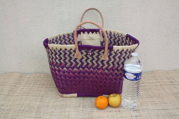 Panier en osier de Madagascar VIOLET artisanal – Sac cabas tressé à la main avec anses en cuir – Style bohème chic