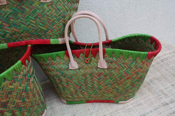 Cabas à courses tressé de Madagascar - Panier Sac Rouge & Vert - Artisanal - 3 tailles au choix -