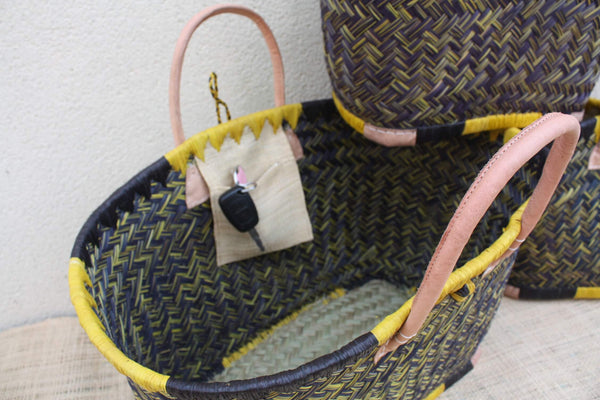 Superbe panier paille noir artisanal tressé main, sac cabas osier bohème, grand panier marché et plage, anses cuir, 3 tailles
